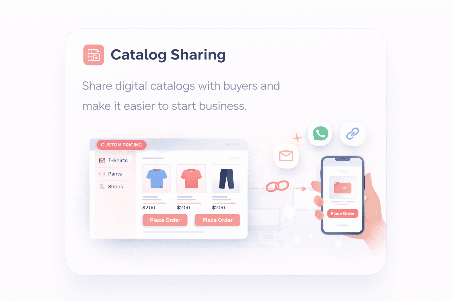 Catalog Sharing illustration showing digital catalogs being shared with buyers through linked channels.