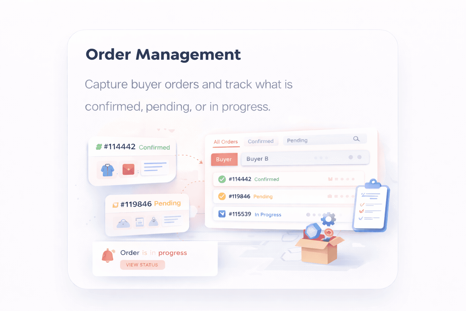 Order Management illustration showing buyer orders being captured and tracked.